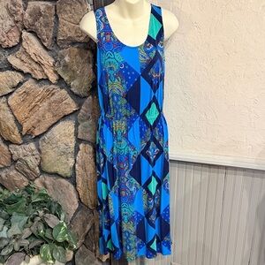 Daisy Fuentes Blue and Green Geometric Midi Dress